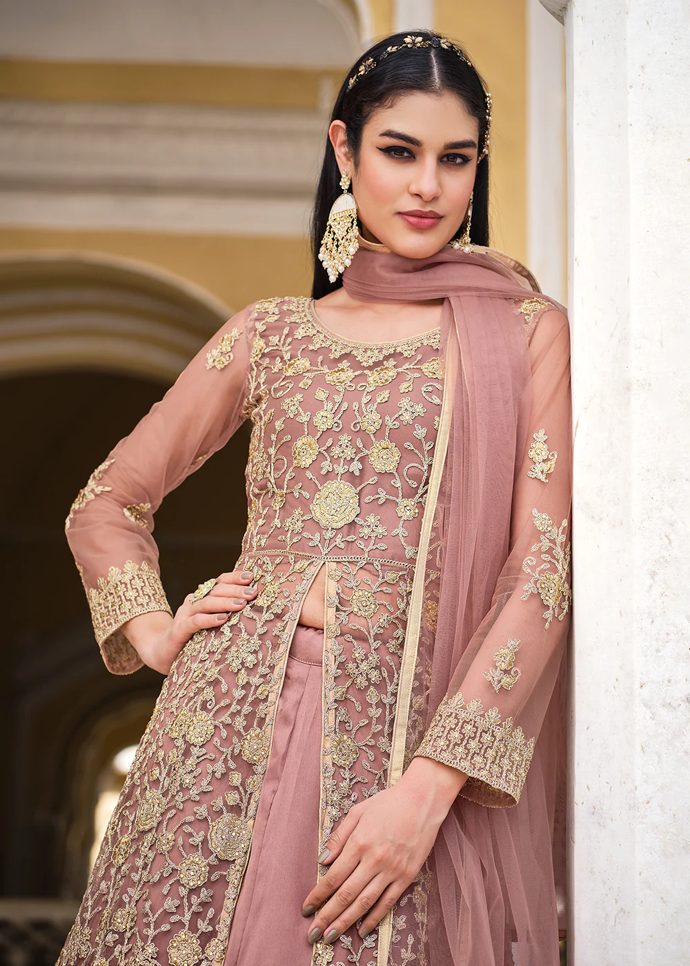 Dusty Mauve Skirt & Pant Style Designer Anarkali Suit - Image 2