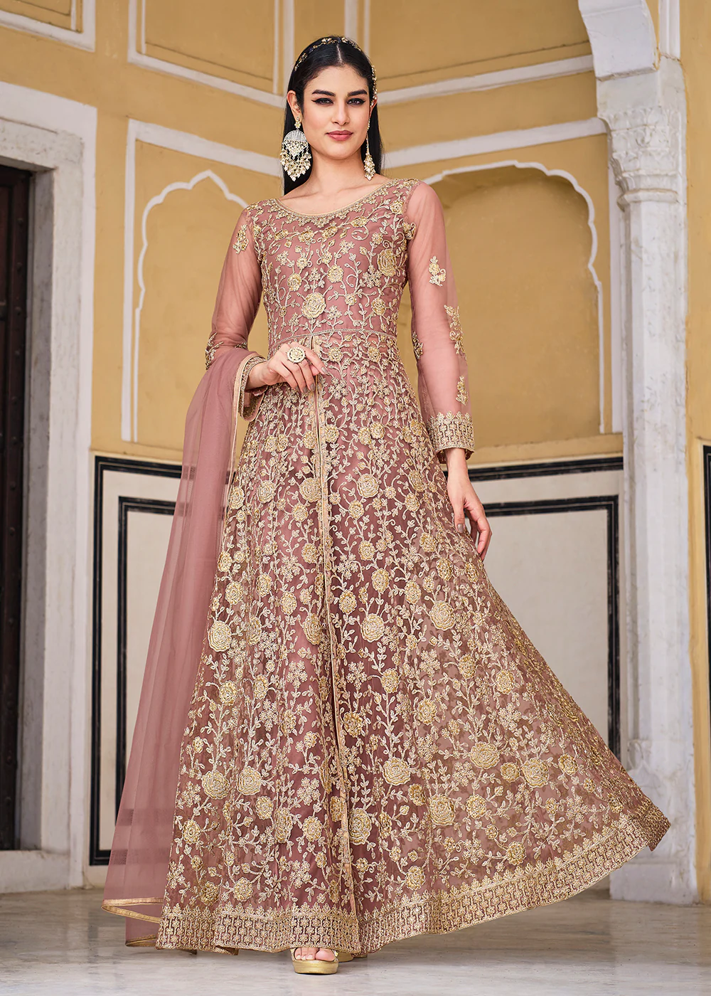 Dusty Mauve Skirt & Pant Style Designer Anarkali Suit - Image 3