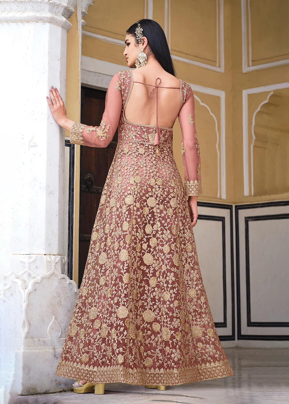 Dusty Mauve Skirt & Pant Style Designer Anarkali Suit - Image 5