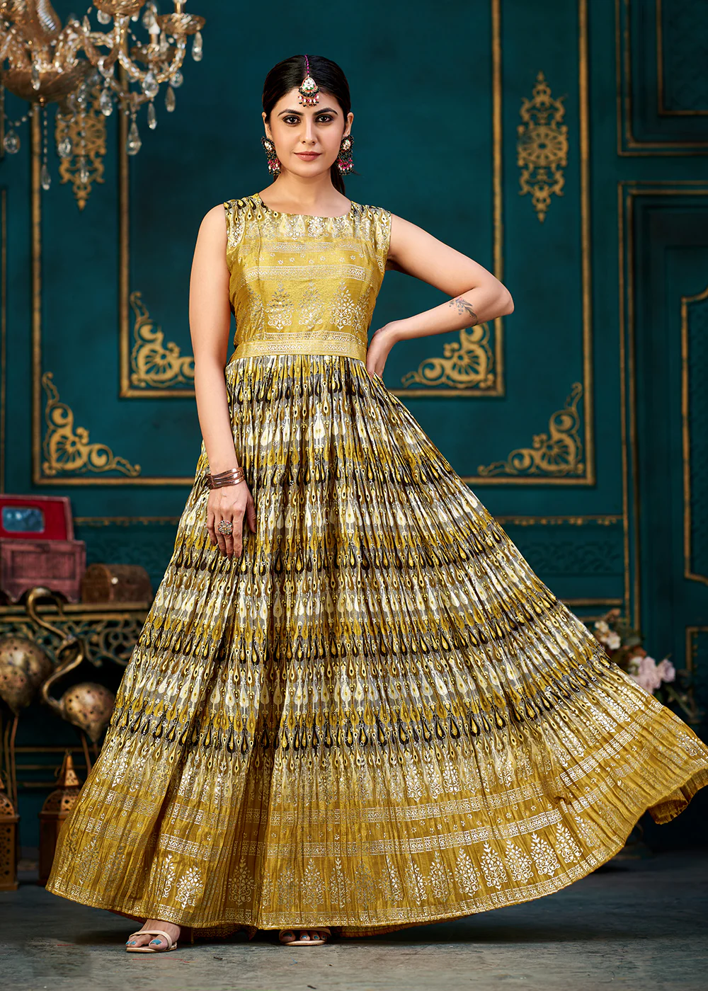 Dusty Mustard Digital Foil Printed Ready to Wear Gown - Image 3