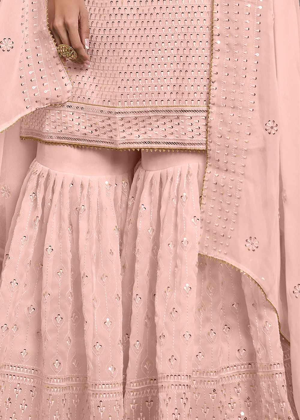 Dusty Peach Khatli Work Embroidered Georgette Sharara Suit - Image 3