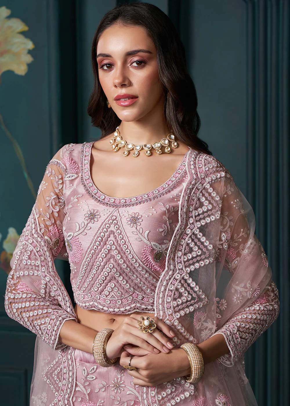 Dusty Pink Cording Embroidered Wedding Lehenga Choli - Image 2
