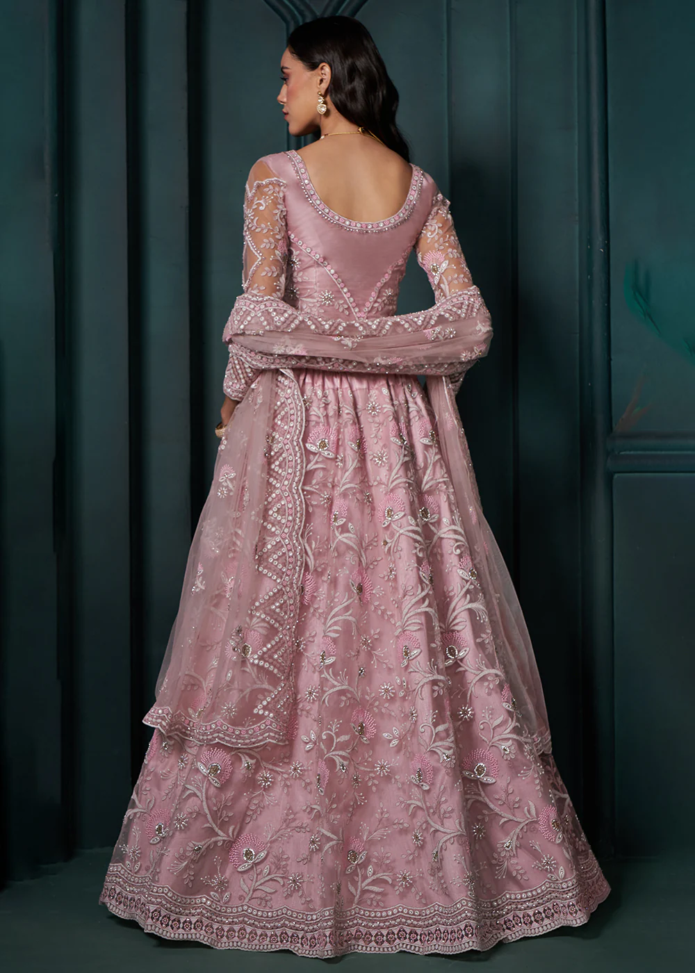 Dusty Pink Cording Embroidered Wedding Lehenga Choli - Image 3