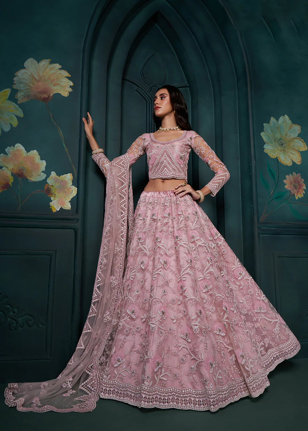 Dusty Pink Cording Embroidered Wedding Lehenga Choli - Image 4