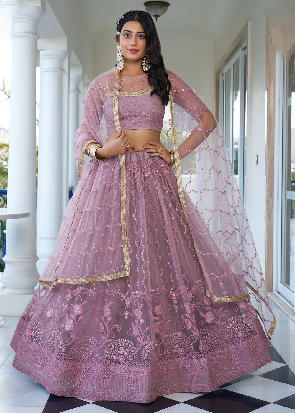 Dusty Pink Designer Embroidered Wedding Lehenga Choli