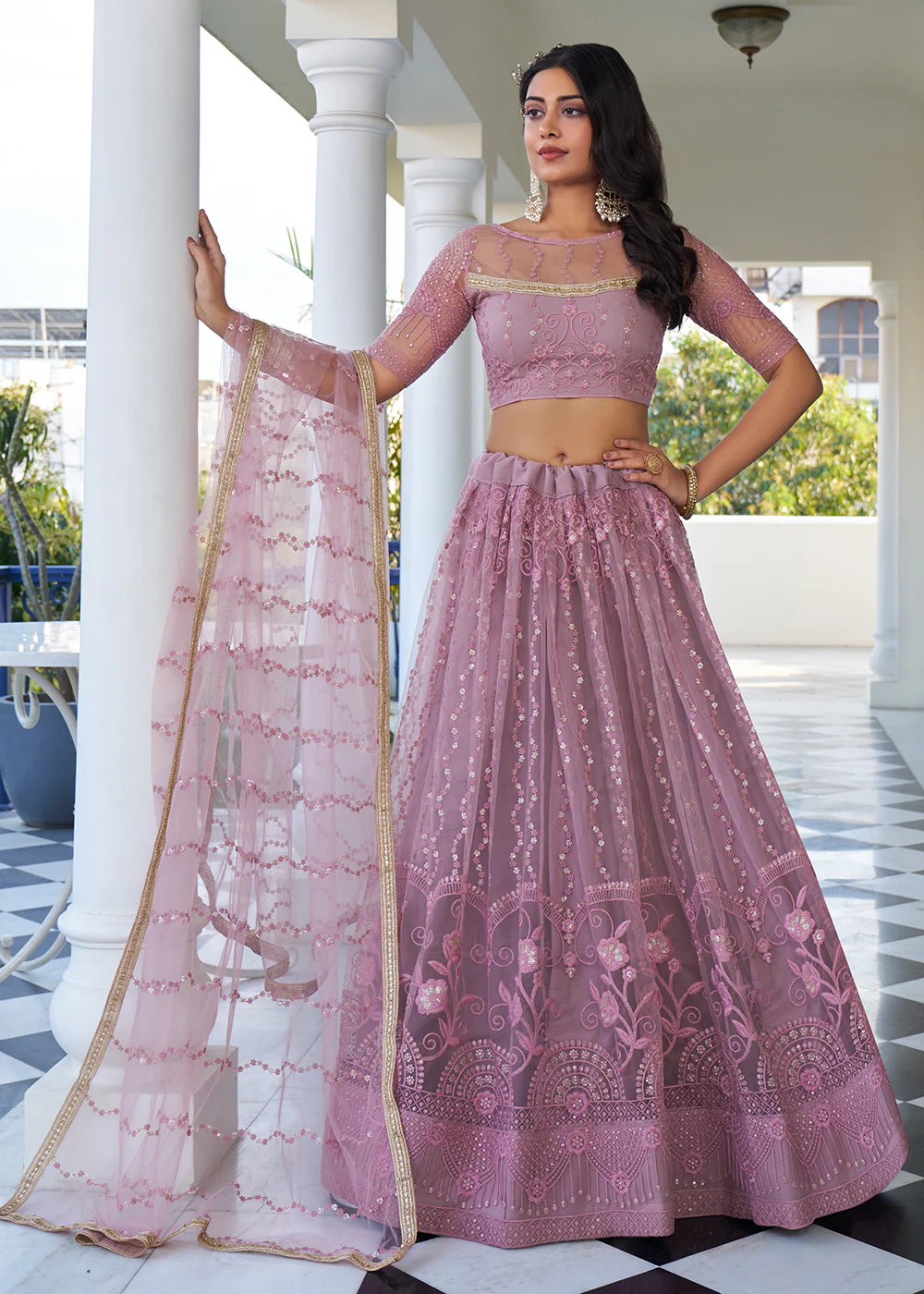 Dusty Pink Designer Embroidered Wedding Lehenga Choli - Image 4