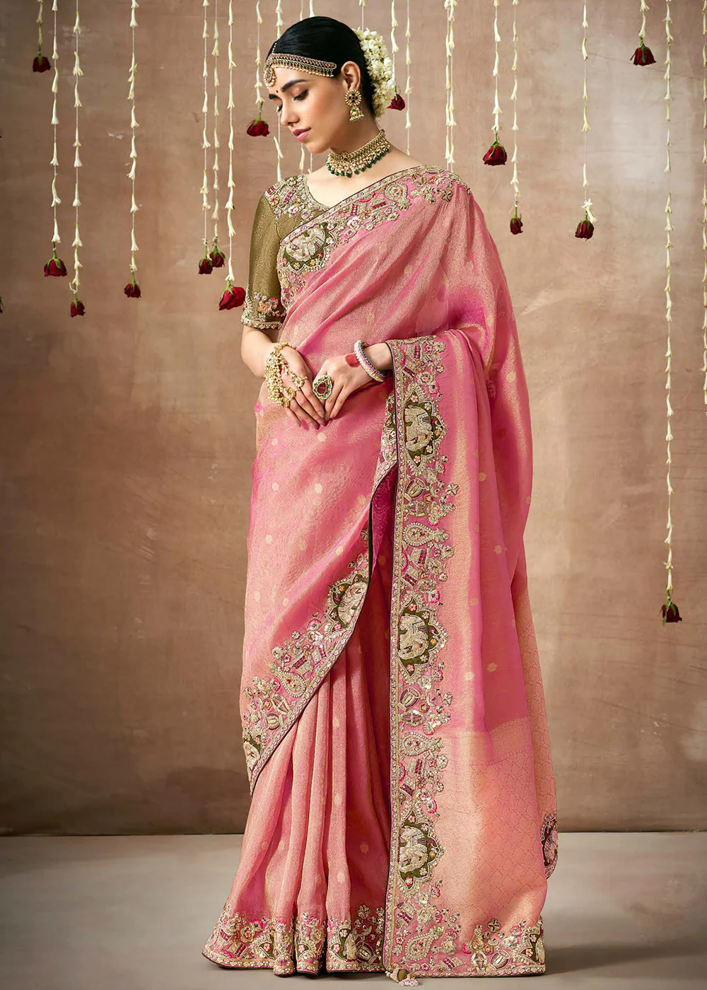 Dusty Pink Embroidered Silk Wedding Wear Saree