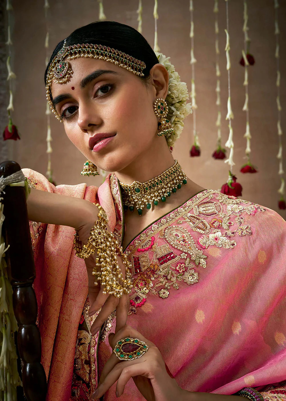 Dusty Pink Embroidered Silk Wedding Wear Saree - Image 2