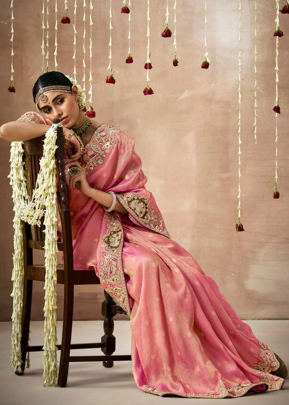 Dusty Pink Embroidered Silk Wedding Wear Saree - Image 4