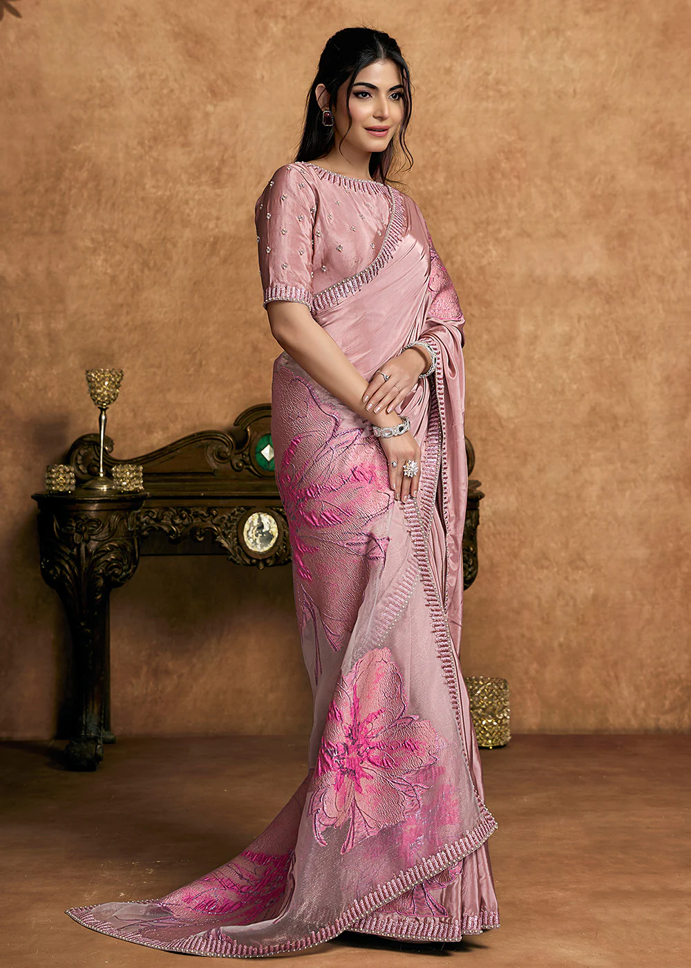 Dusty Pink Embroidered Wedding Festive Wear Saree - Image 3