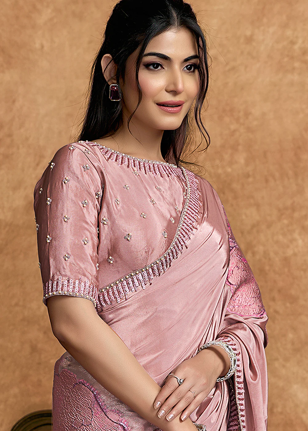Dusty Pink Embroidered Wedding Festive Wear Saree - Image 4