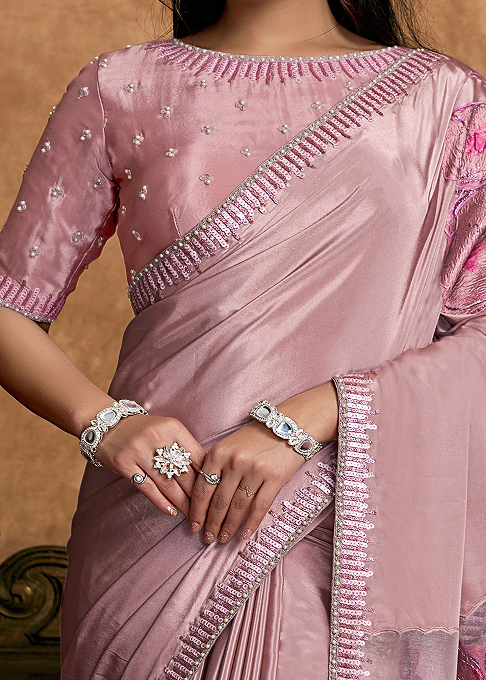 Dusty Pink Embroidered Wedding Festive Wear Saree - Image 5