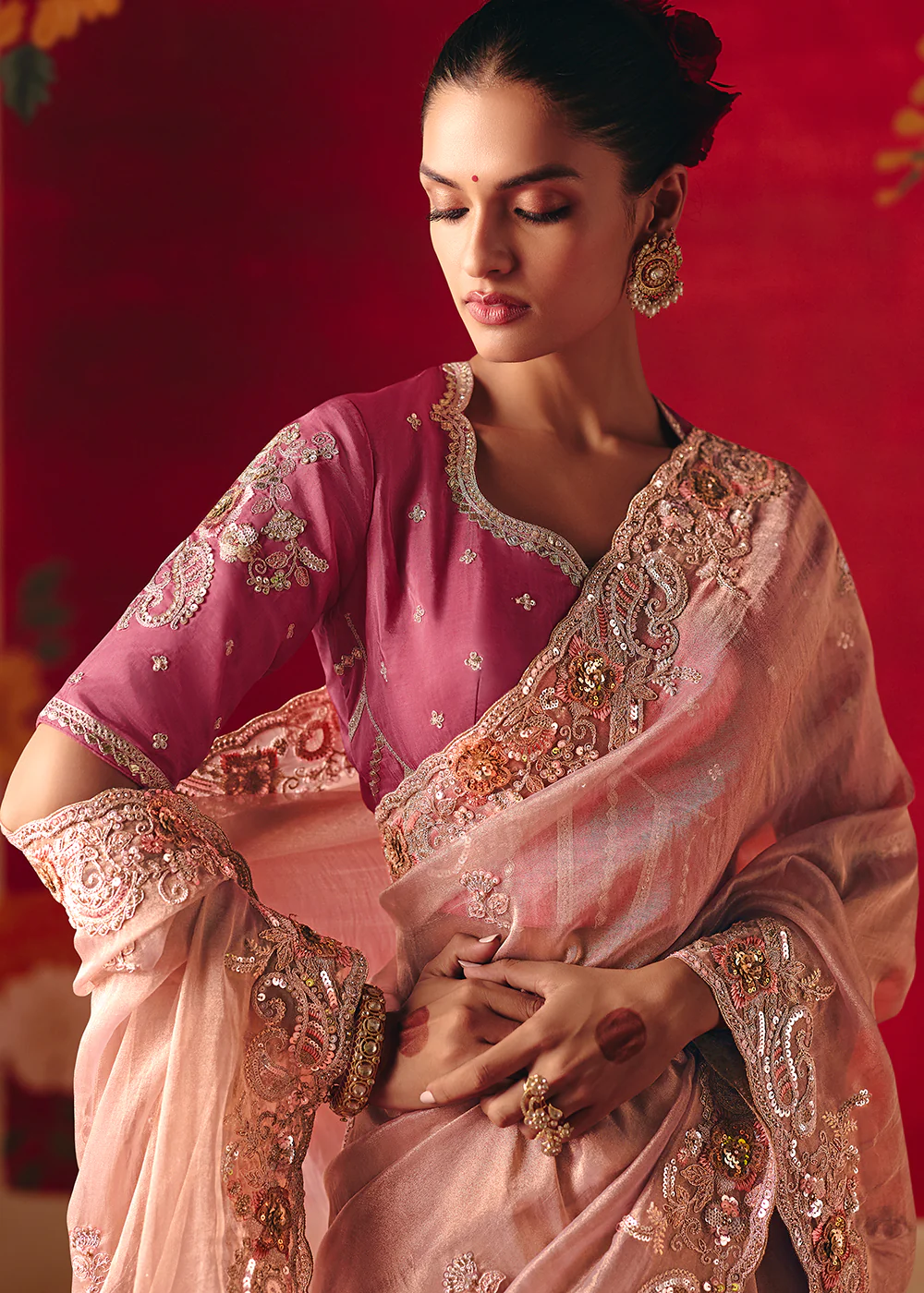 Dusty Pink Fancy Material Wedding Designer Saree - Image 2
