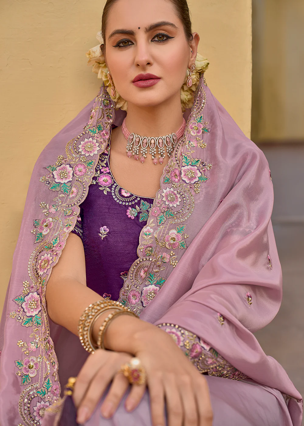 Dusty Pink Fancy Tissue Organza Silk Designer Saree - Image 2