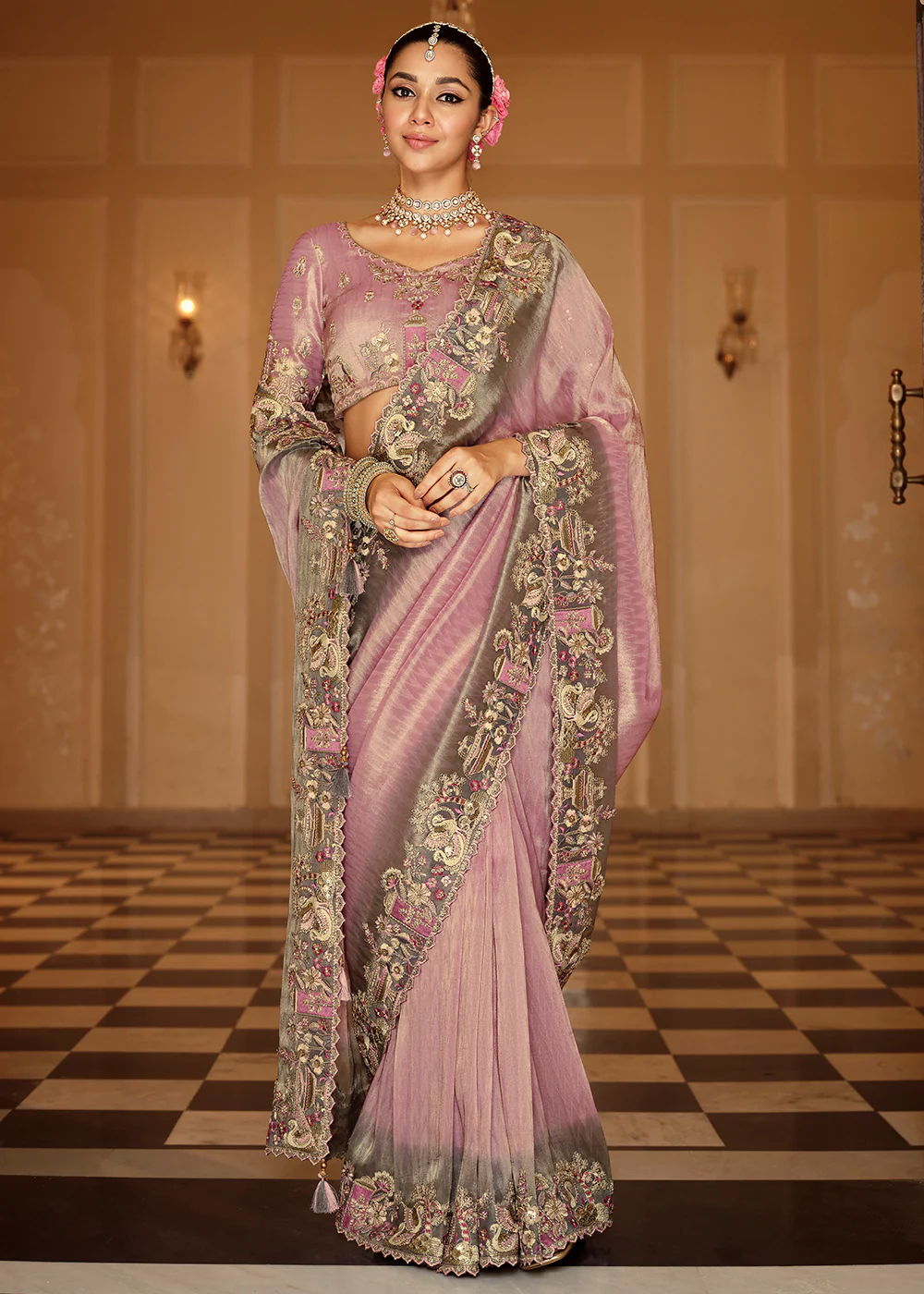 Dusty Pink & Grey Traditional Embroidered Designer Saree