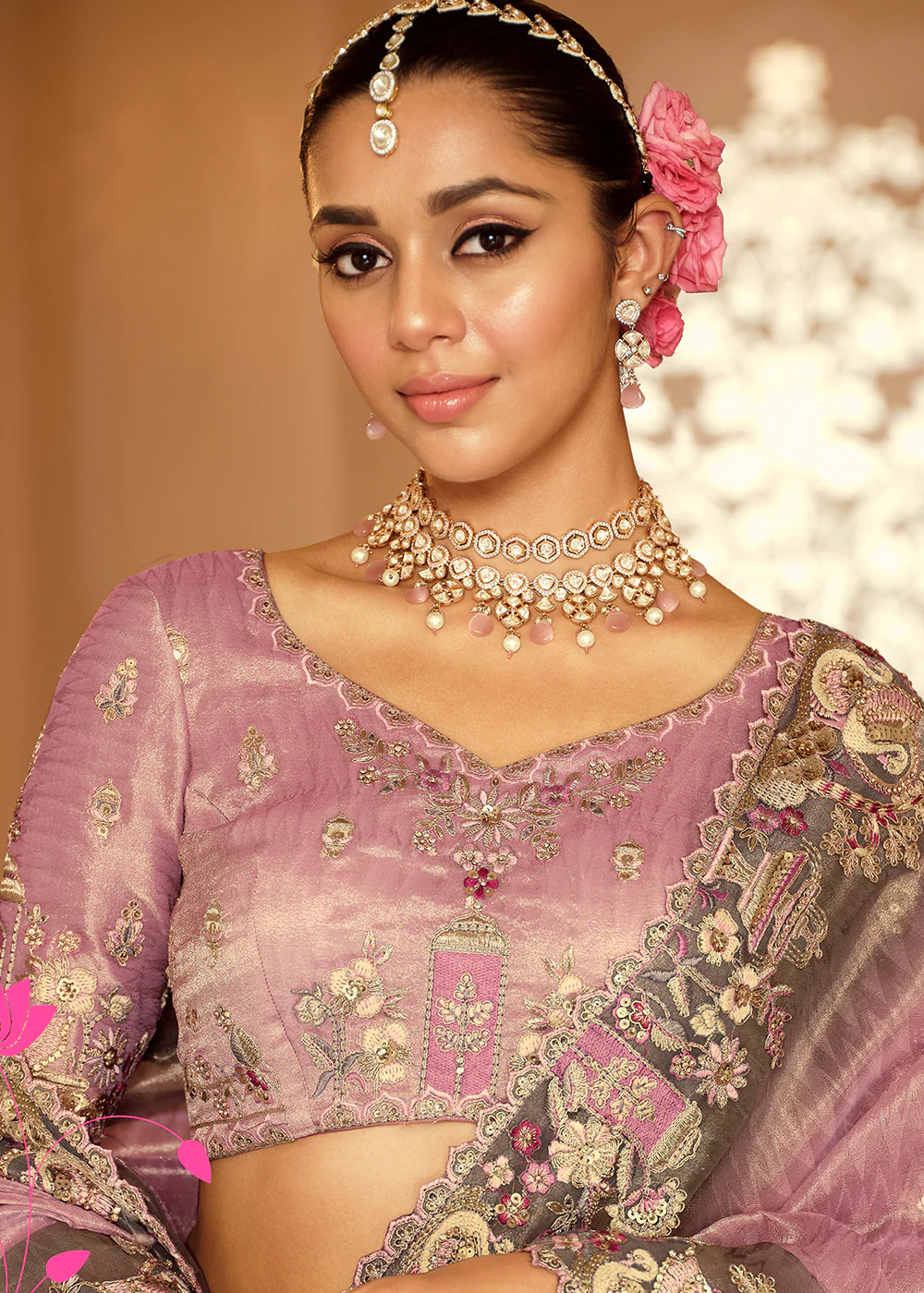 Dusty Pink & Grey Traditional Embroidered Designer Saree - Image 2