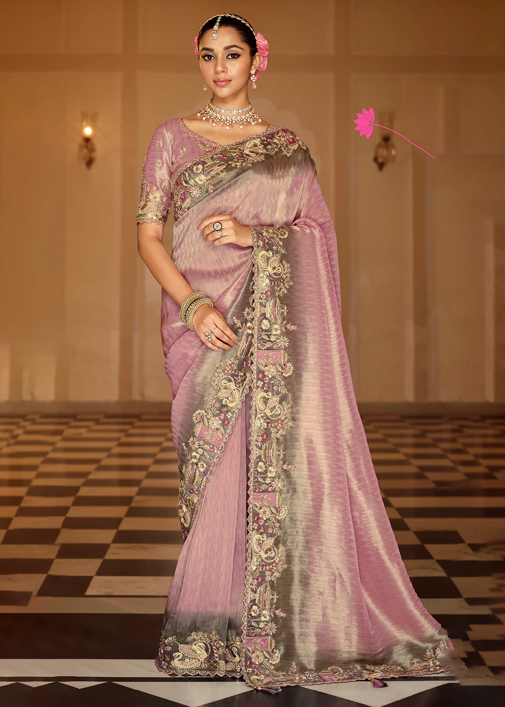 Dusty Pink & Grey Traditional Embroidered Designer Saree - Image 3