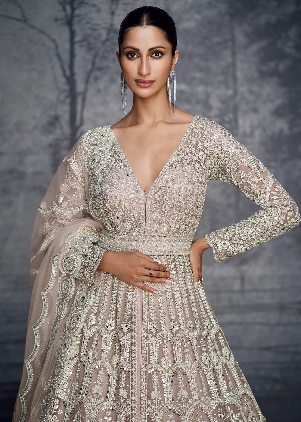 Dusty Pink Net Slit Style Designer Anarkali Lehenga Choli - Image 2