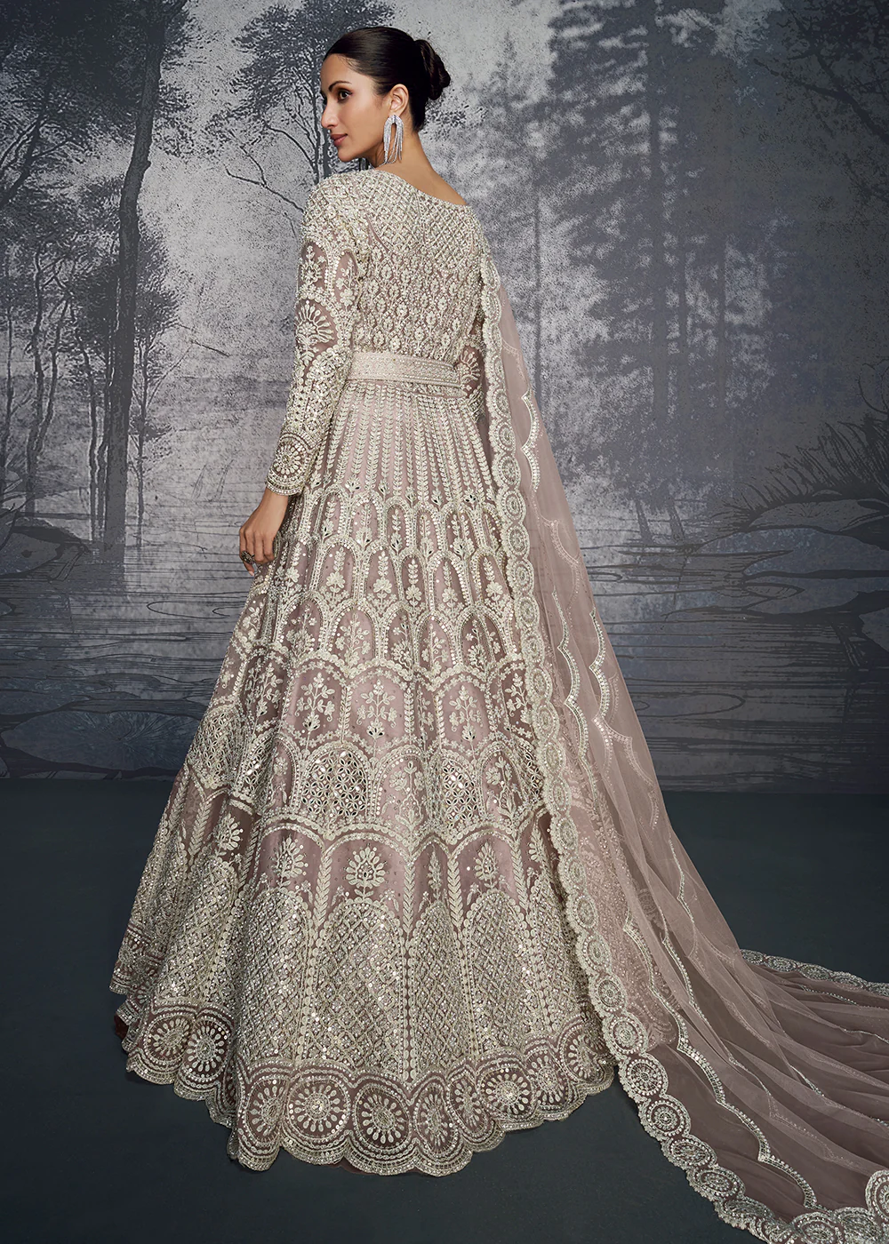 Dusty Pink Net Slit Style Designer Anarkali Lehenga Choli - Image 3