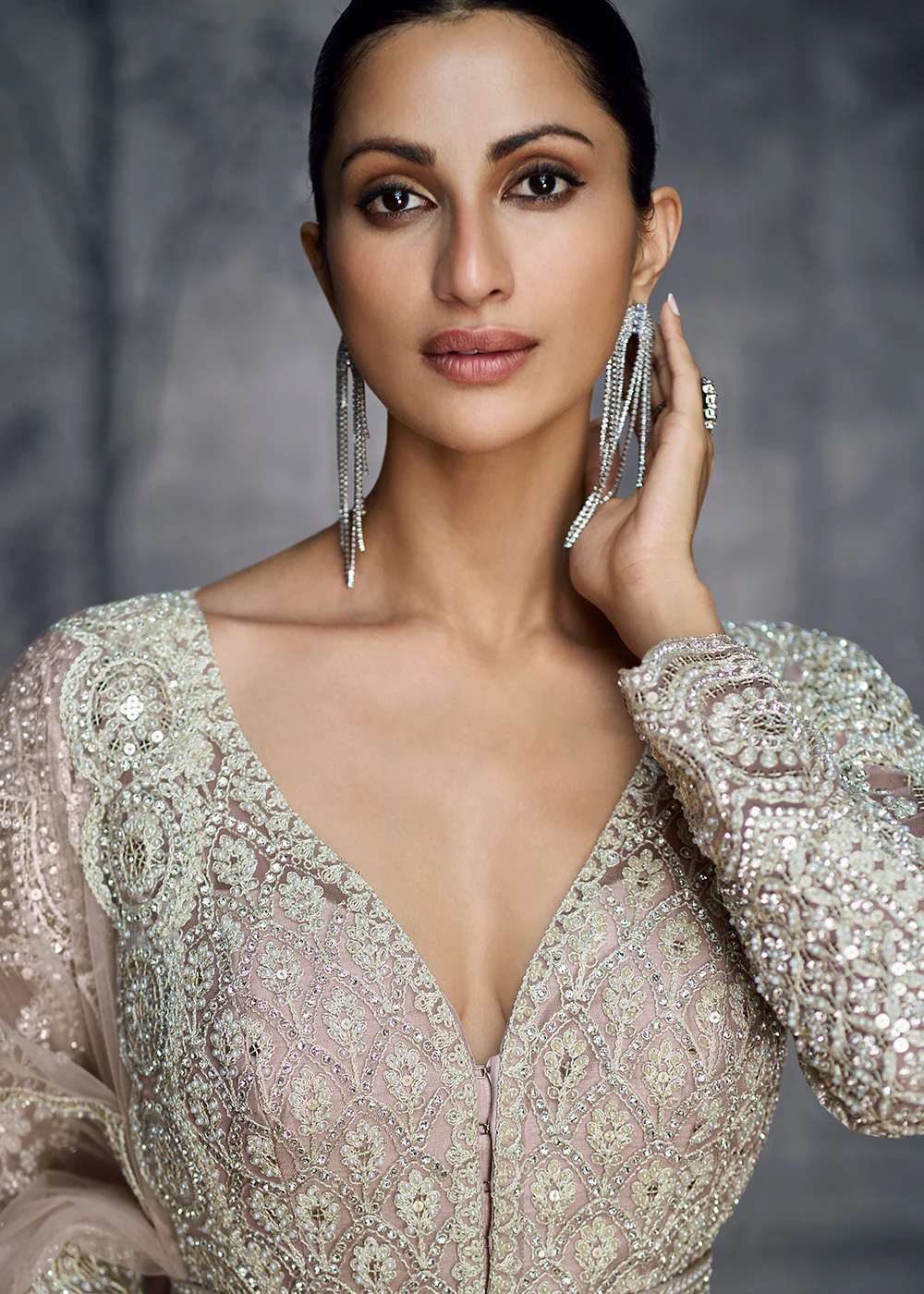 Dusty Pink Net Slit Style Designer Anarkali Lehenga Choli - Image 4