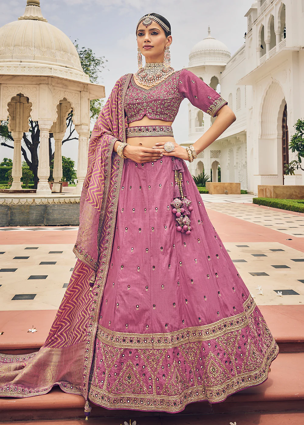 Dusty Pink Viscose Silk Traditional Bridal Lehenga Choli