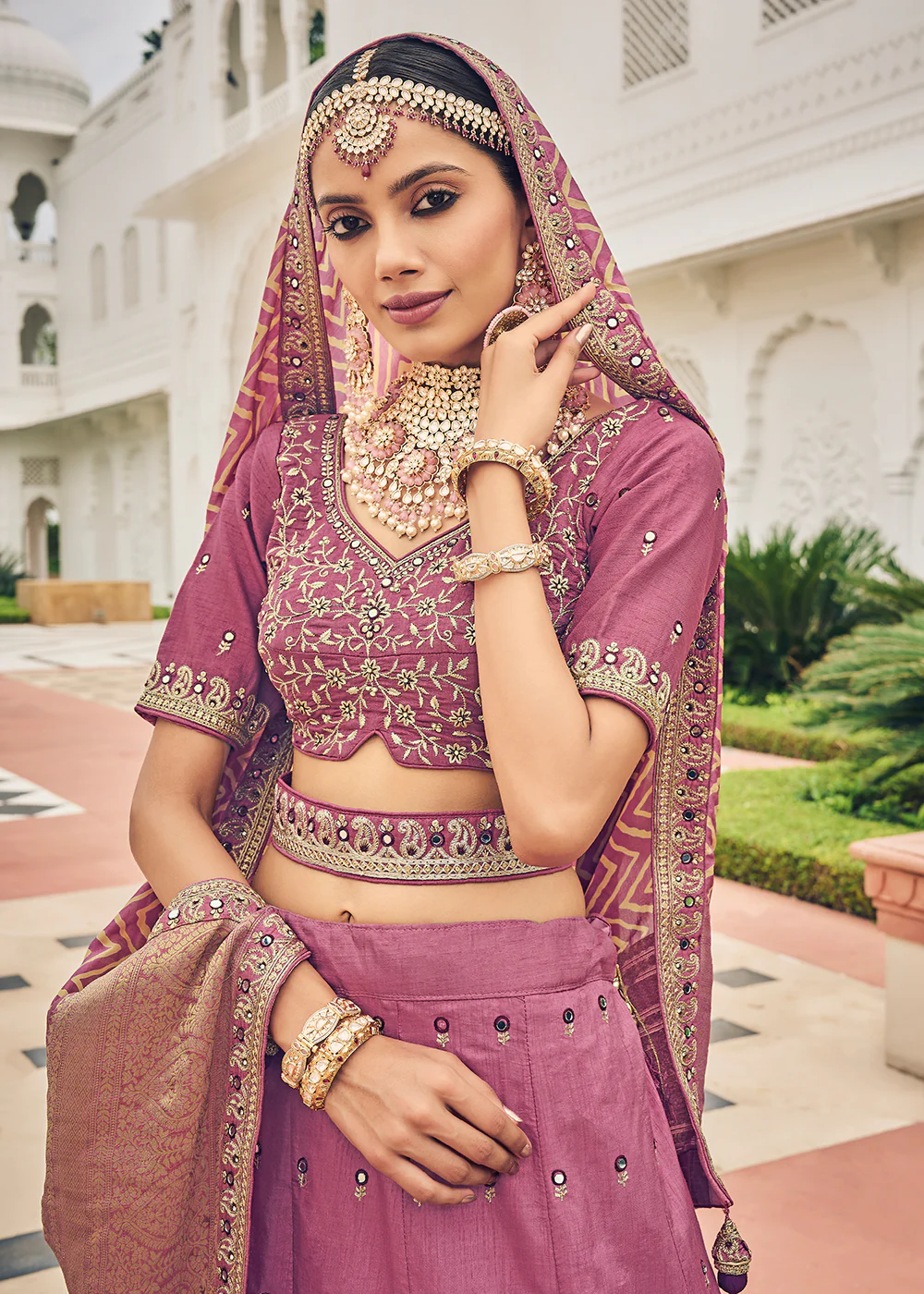 Dusty Pink Viscose Silk Traditional Bridal Lehenga Choli - Image 2