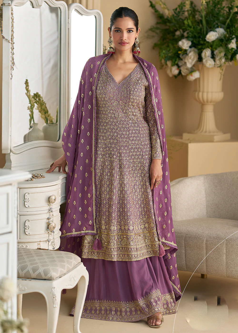 Dusty Purple Designer Embroidered Wedding Festive Palazzo Suit