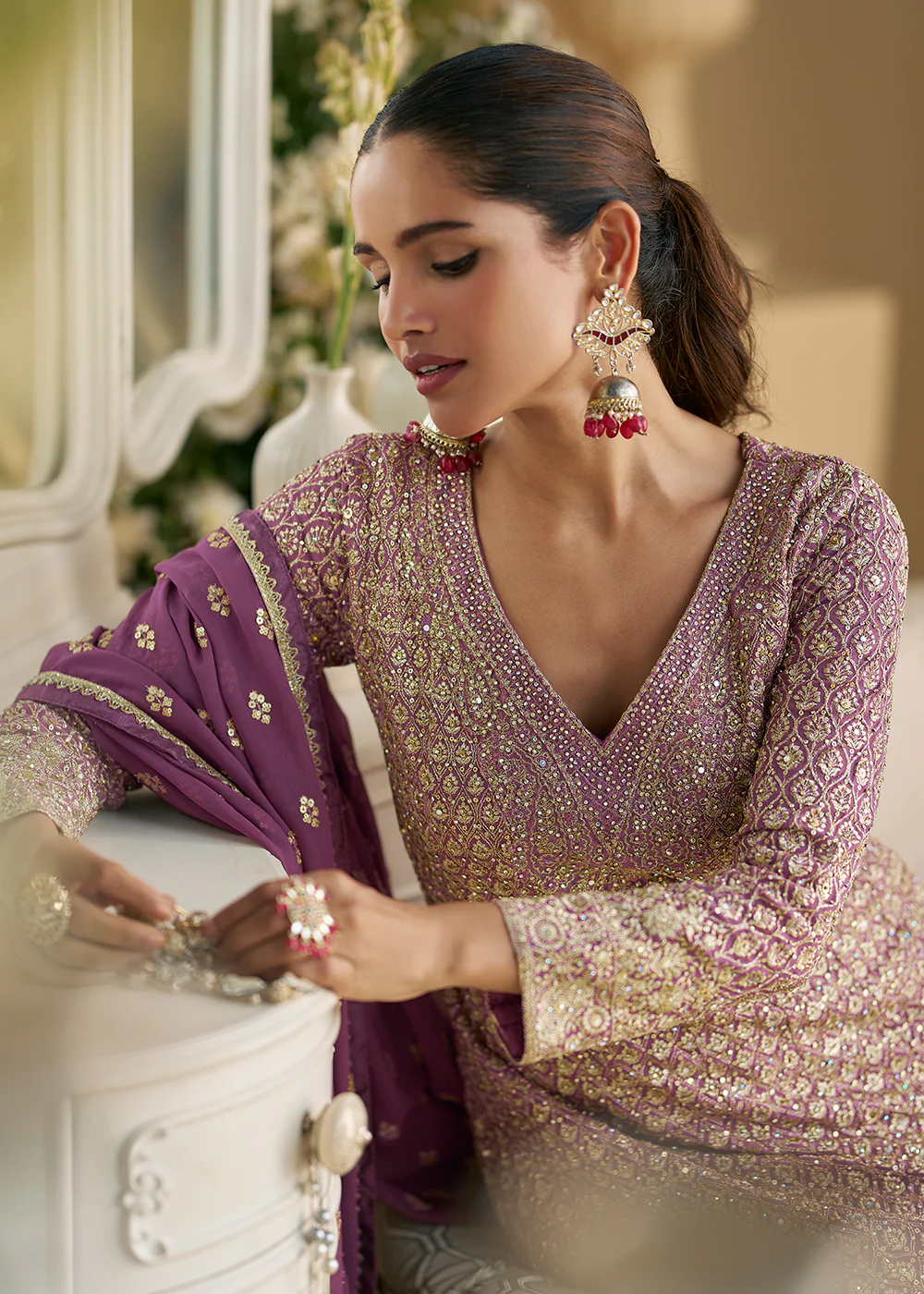 Dusty Purple Designer Embroidered Wedding Festive Palazzo Suit - Image 4