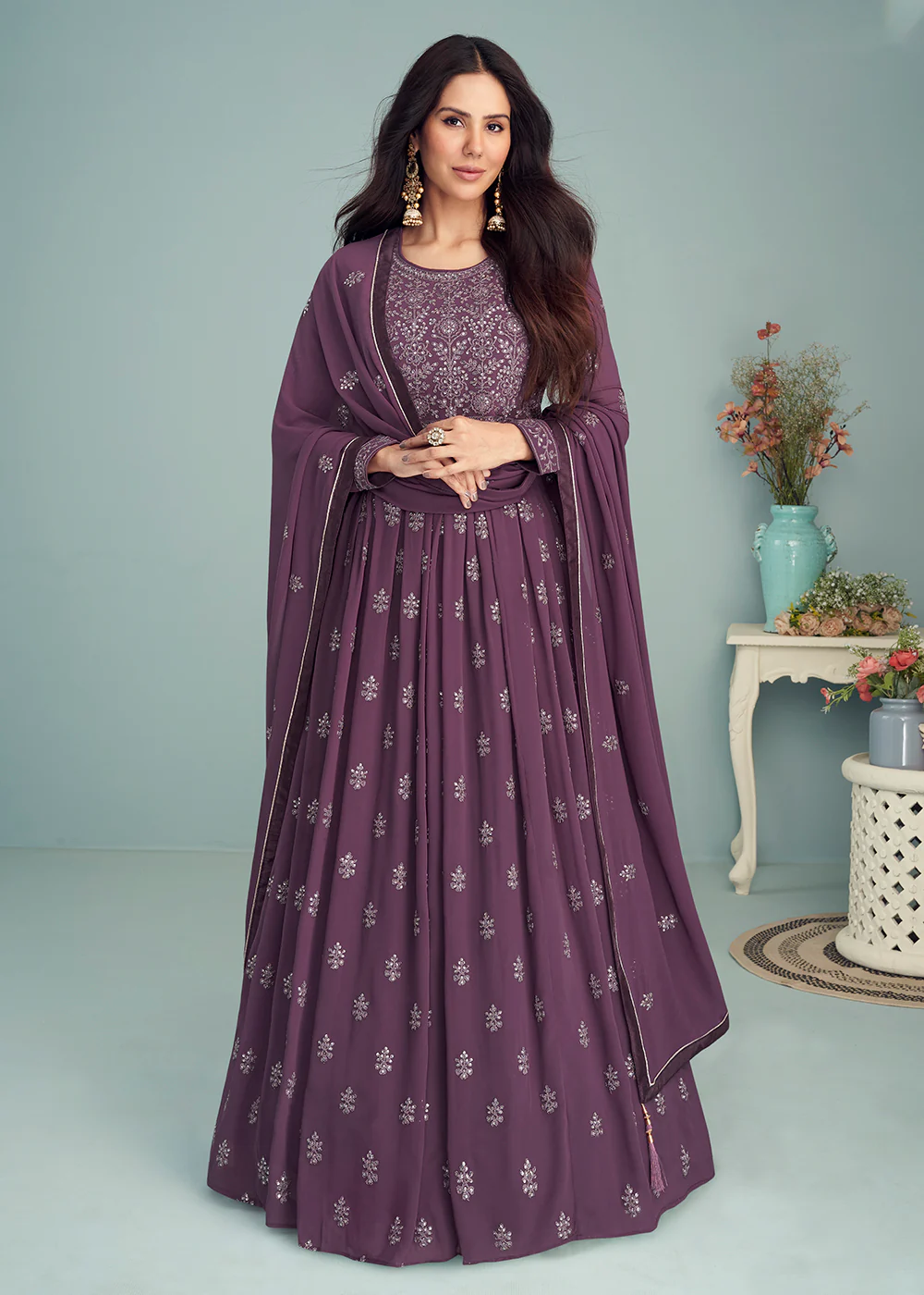 Dusty Purple Georgette Embellished Wedding Anarkali Suit