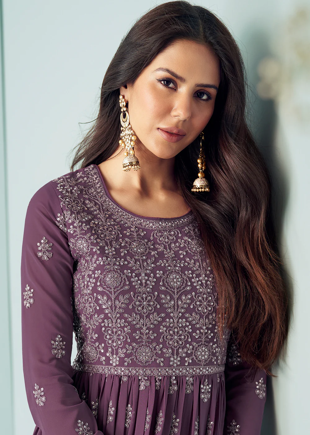 Dusty Purple Georgette Embellished Wedding Anarkali Suit - Image 4