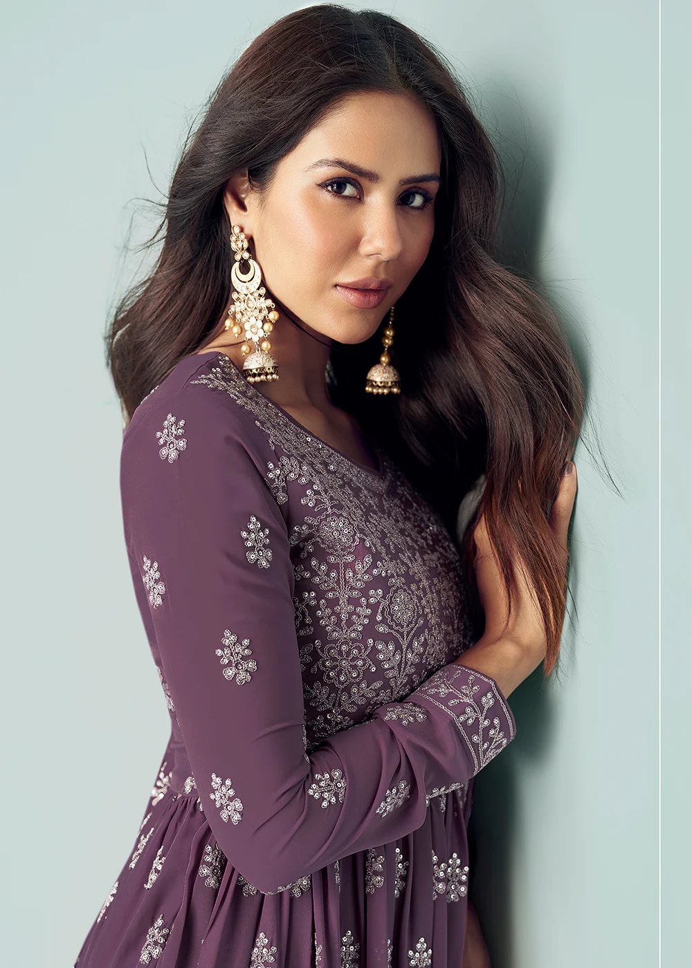Dusty Purple Georgette Embellished Wedding Anarkali Suit - Image 5
