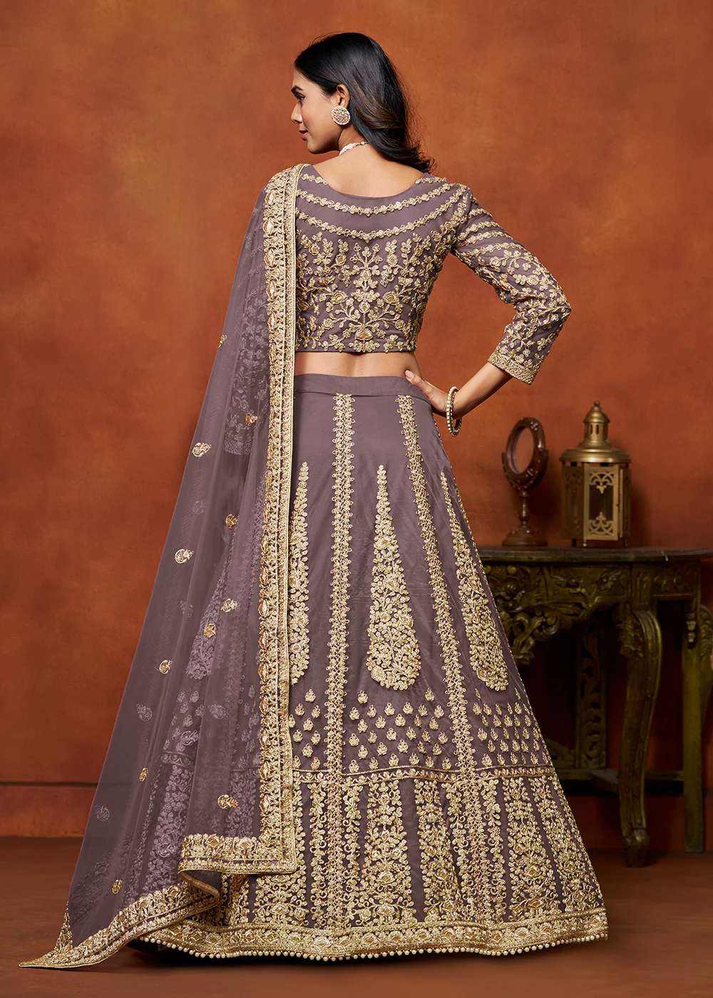 Dusty Purple Net Embroidered Festive Lehenga Choli - Image 3