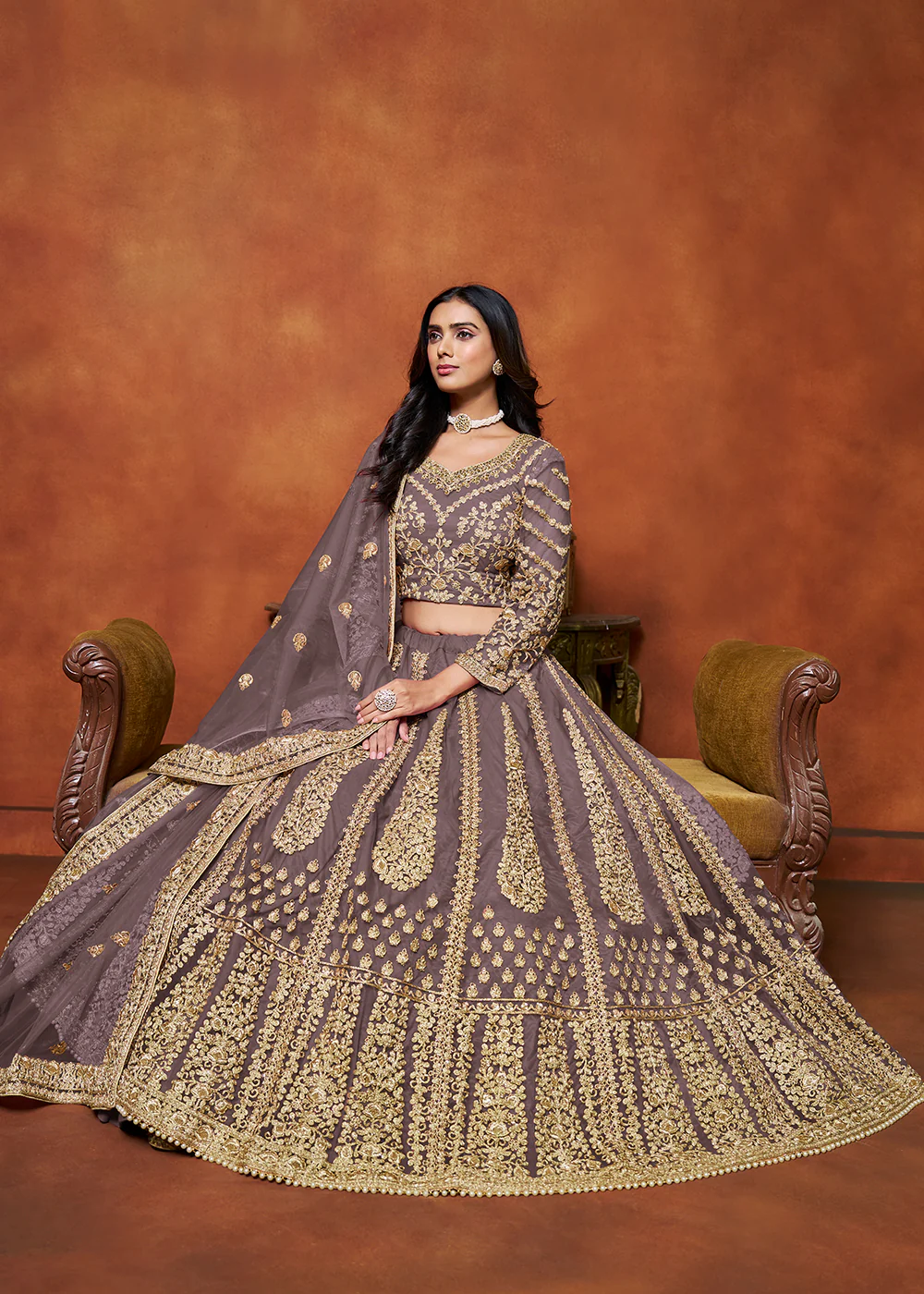 Dusty Purple Net Embroidered Festive Lehenga Choli - Image 4