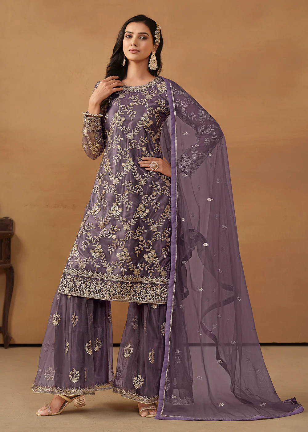Dusty Purple Net Embroidered Wedding Festive Gharara Suit - Image 3