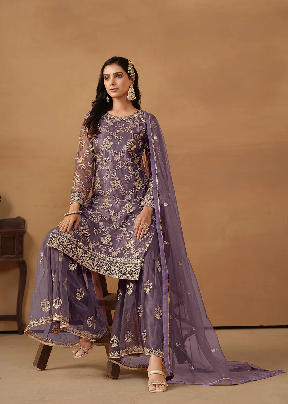 Dusty Purple Net Embroidered Wedding Festive Gharara Suit - Image 4