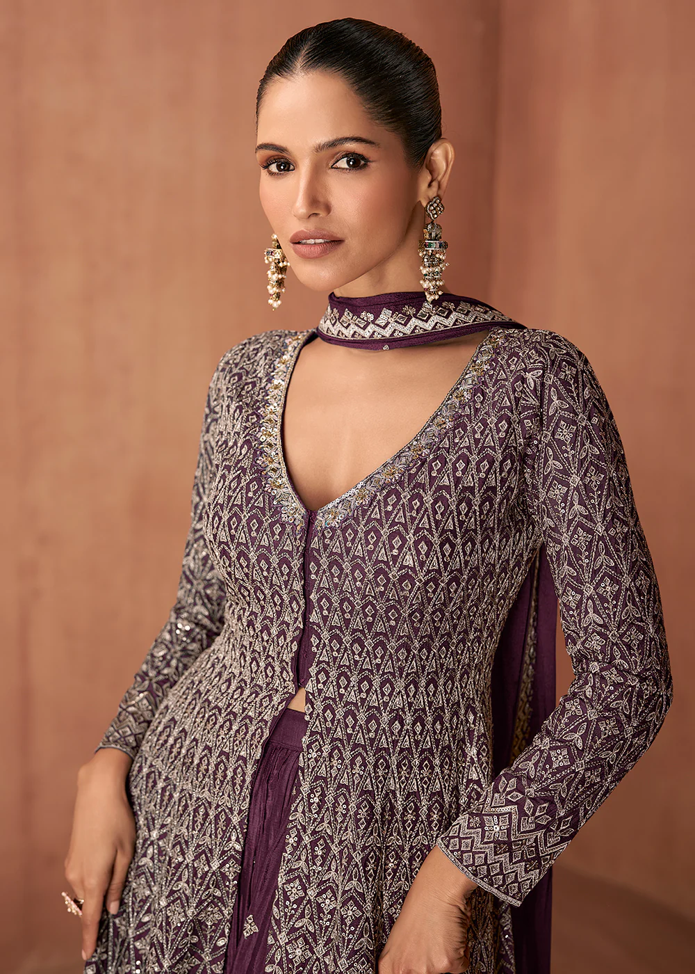Dusty Purple Real Chinnon Festive Trendy Palazzo Suit - Image 2