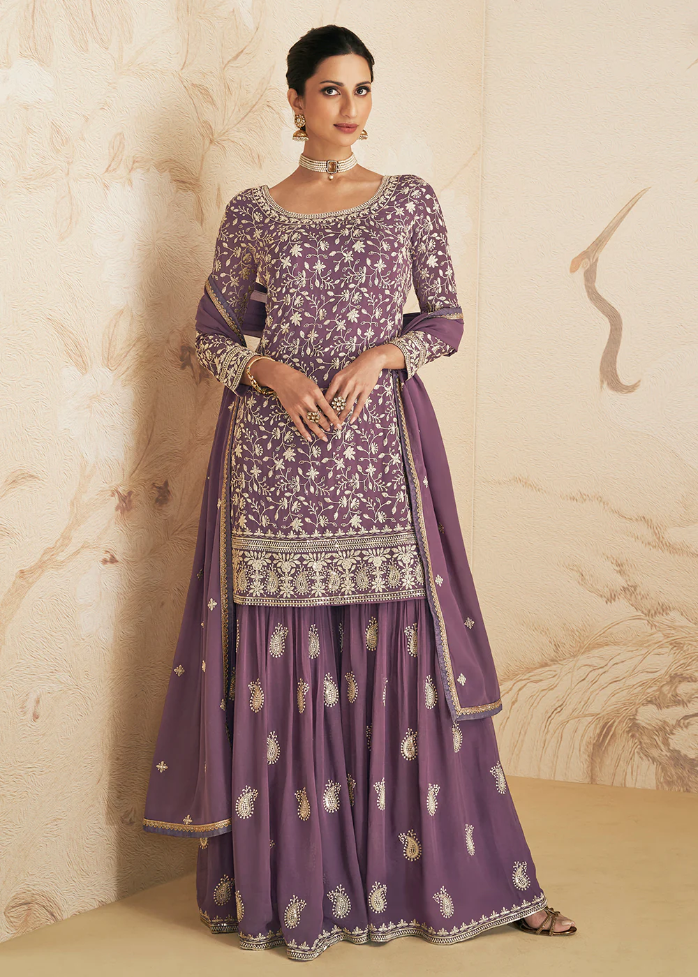 Dusty Purple Thread & Sequins Embroidered Designer Gharara Suit