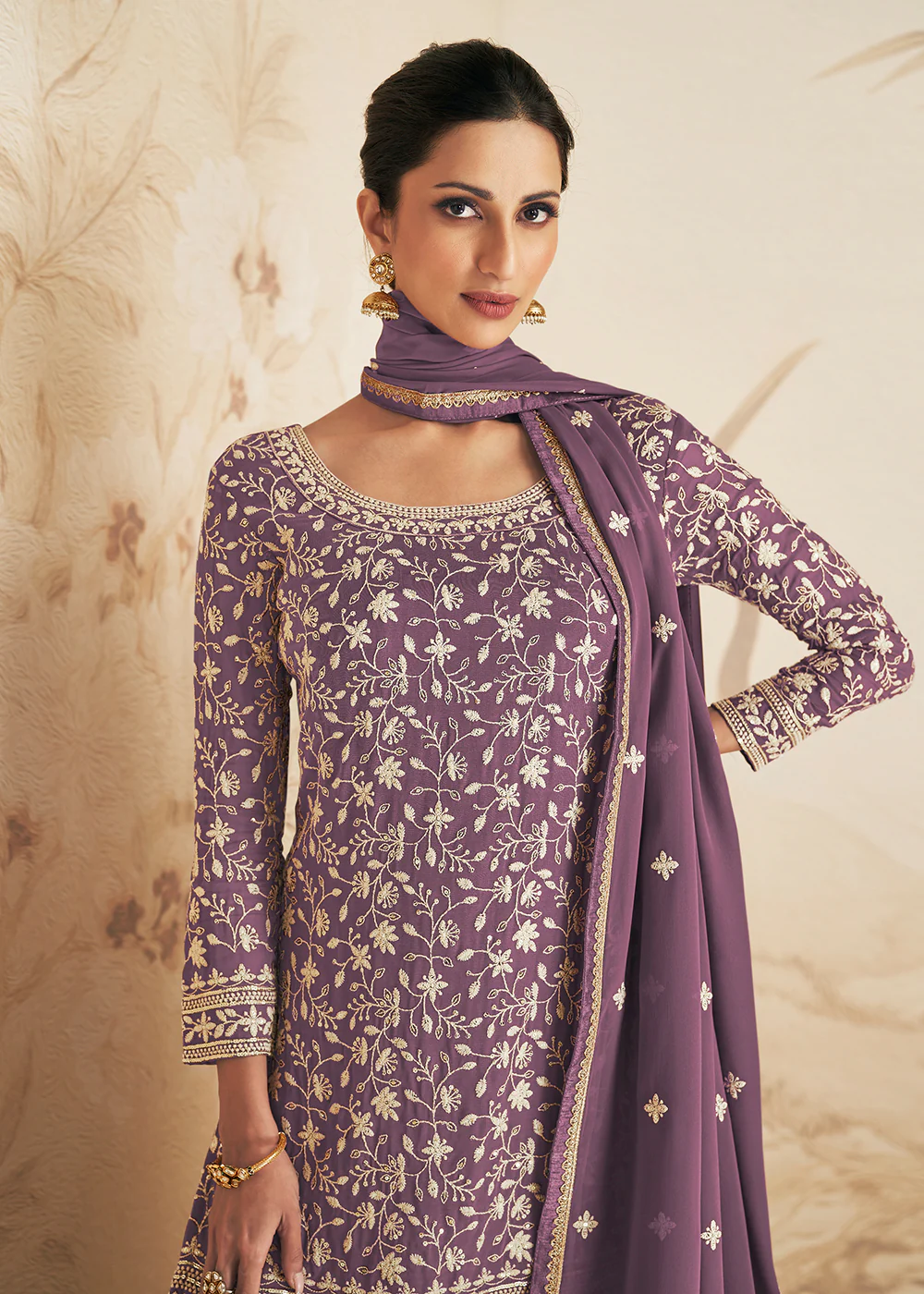 Dusty Purple Thread & Sequins Embroidered Designer Gharara Suit - Image 2