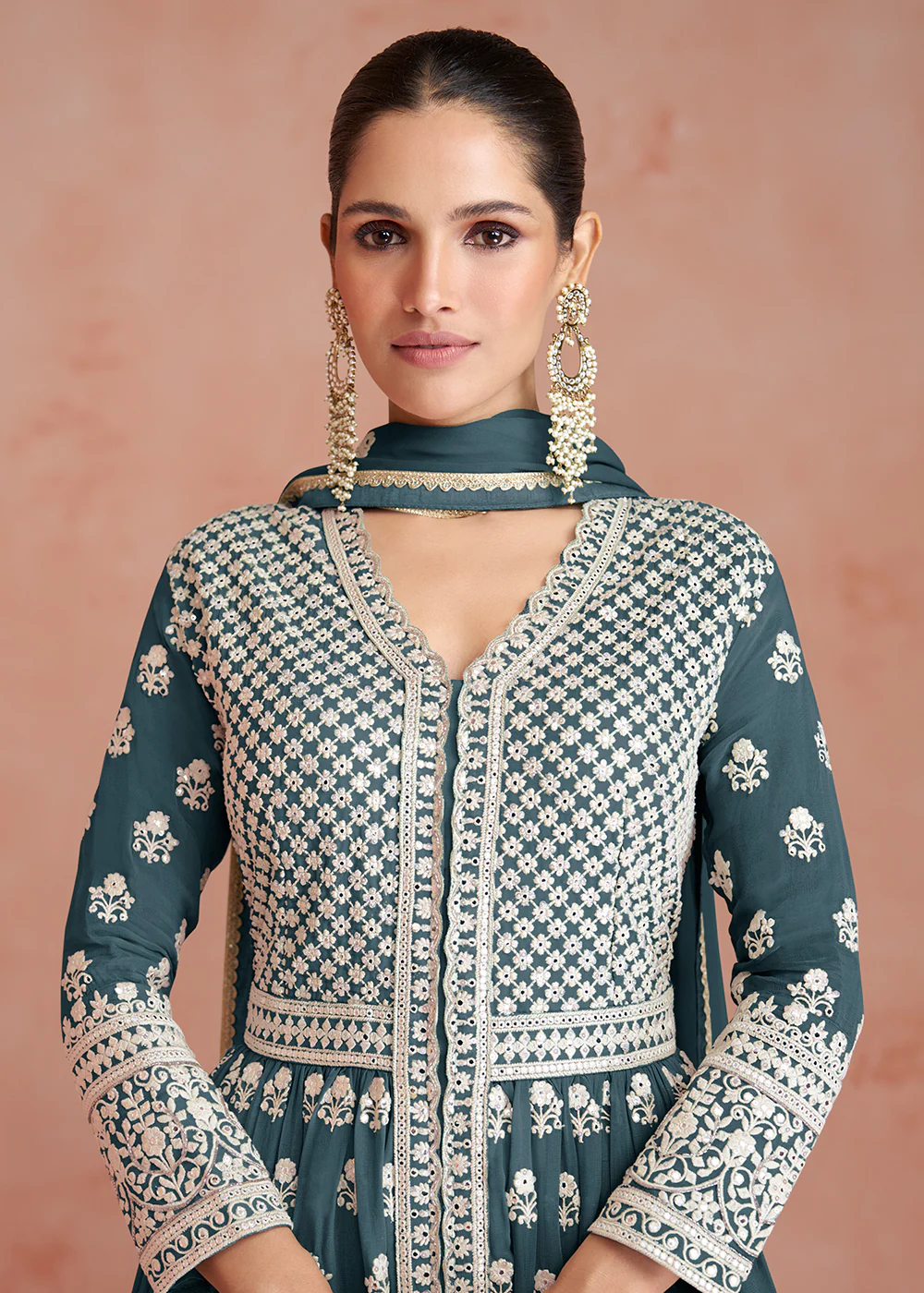 Dusty Teal Blue Slit Style Embroidered Georgette Skirt Anarkali Suit - Image 2