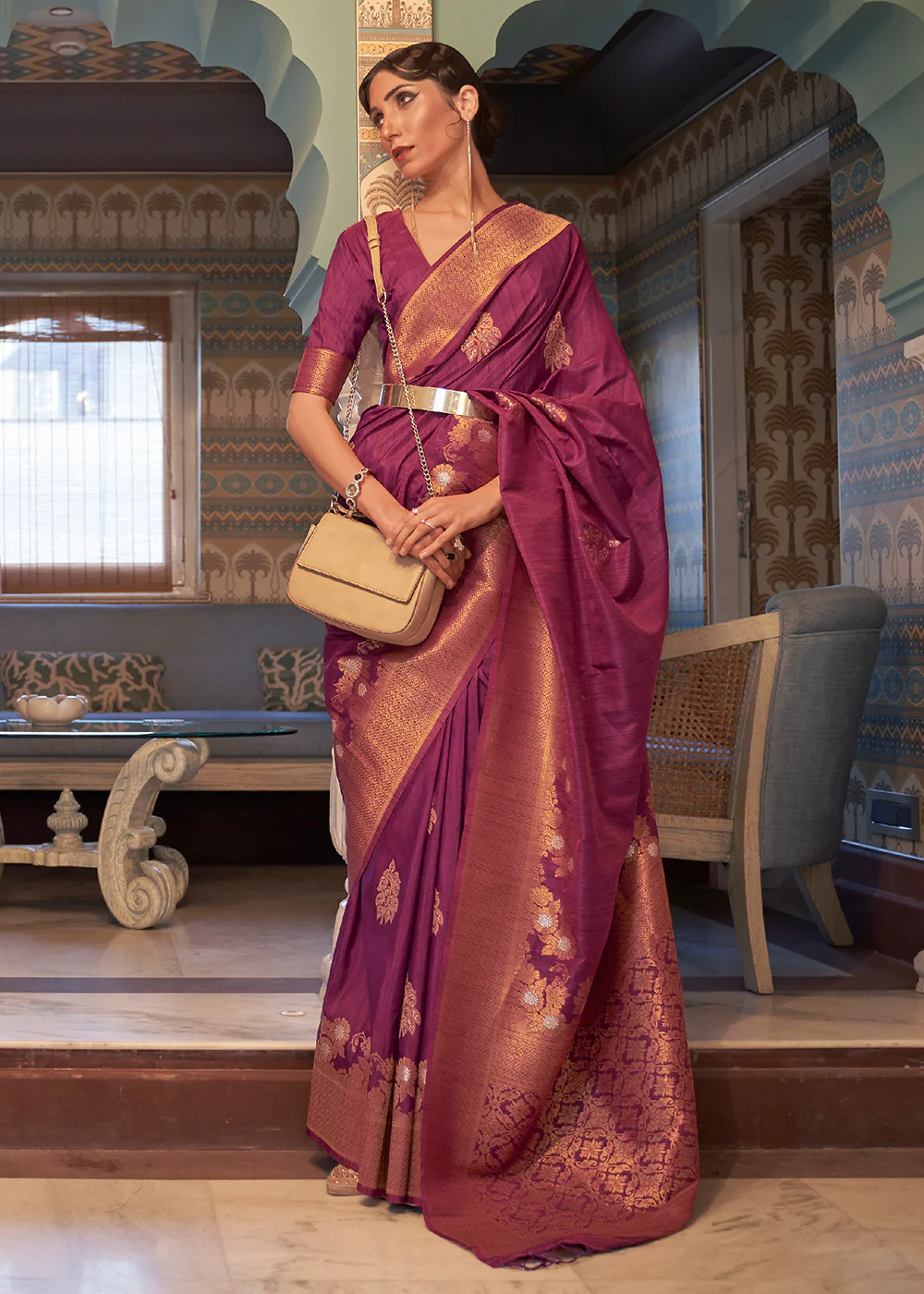 Earth Purple Tussar Banarasi Silk Designer Saree