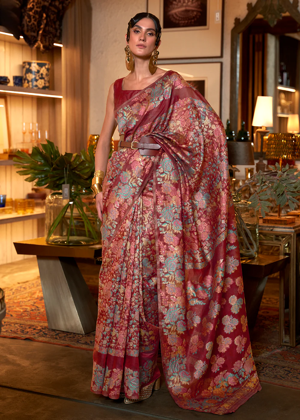 Earth Red Floral Kashmiri Weaving Silk Wedding Party Saree