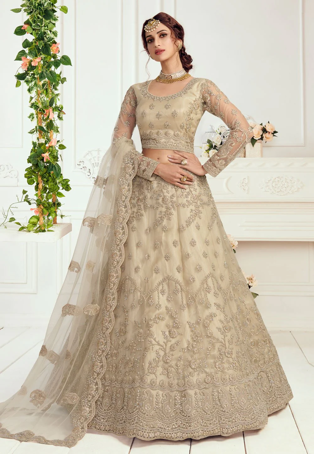 Ecru Beige Net Embroidered Wedding Lehenga Choli