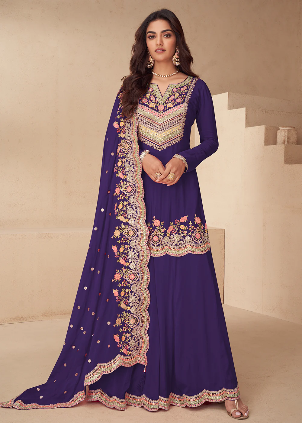 Eggplant Purple Embroidered Work Festive Style Palazzo Suit