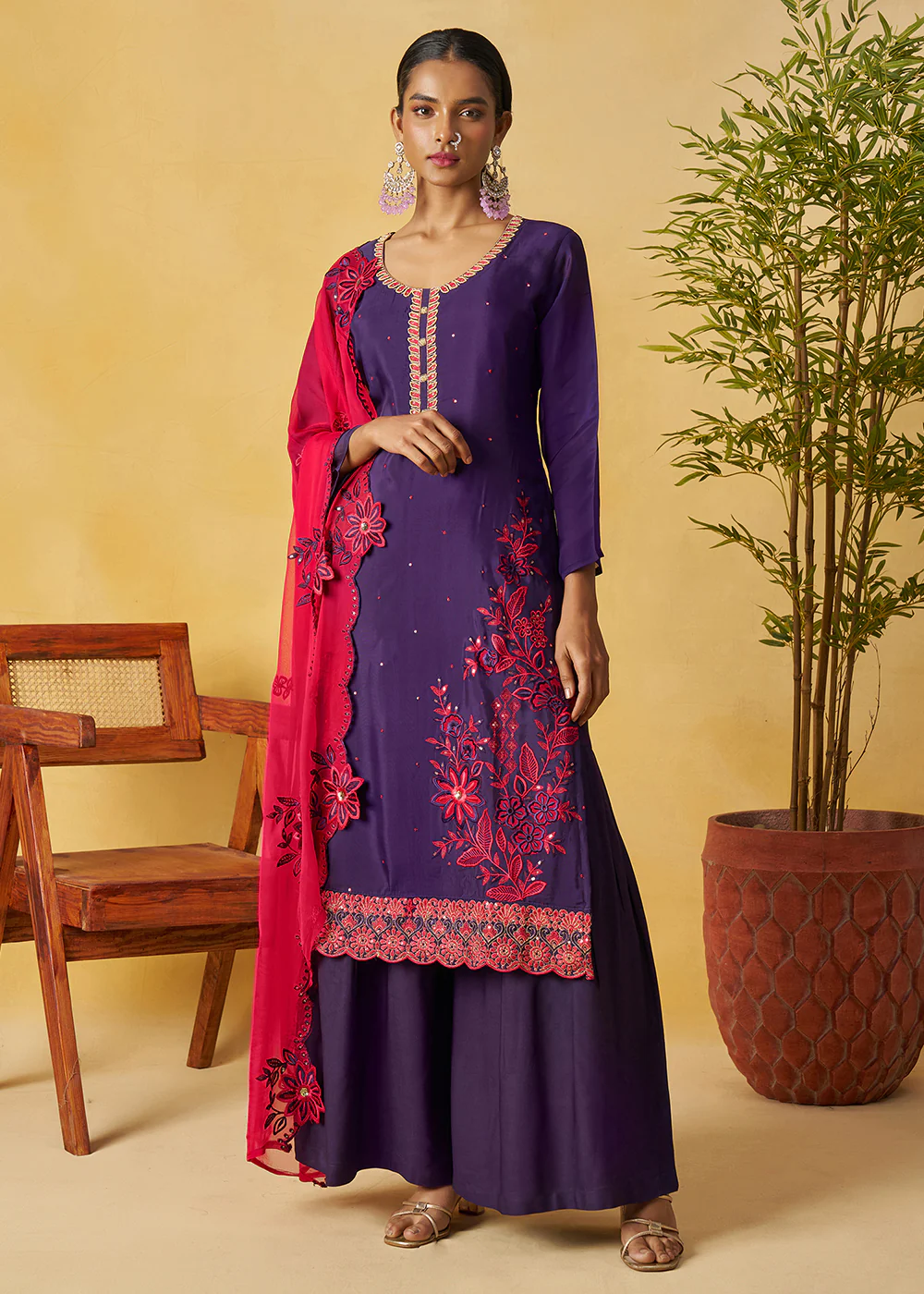Eggplant Purple Kurta Style Palazzo Style Suit