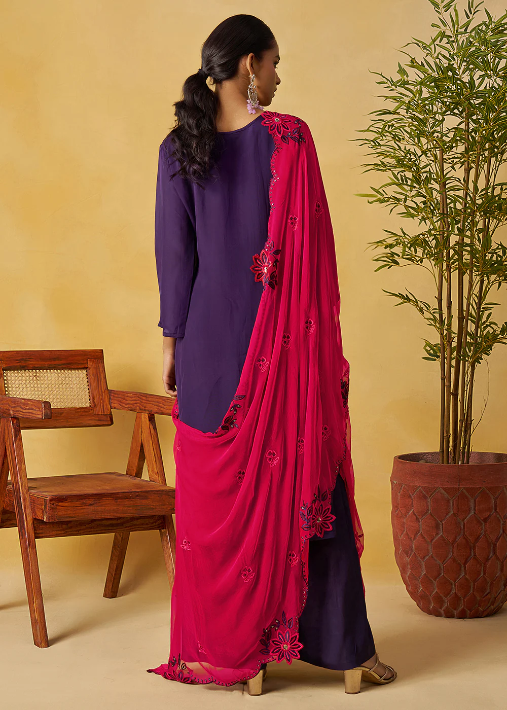 Eggplant Purple Kurta Style Palazzo Style Suit - Image 3