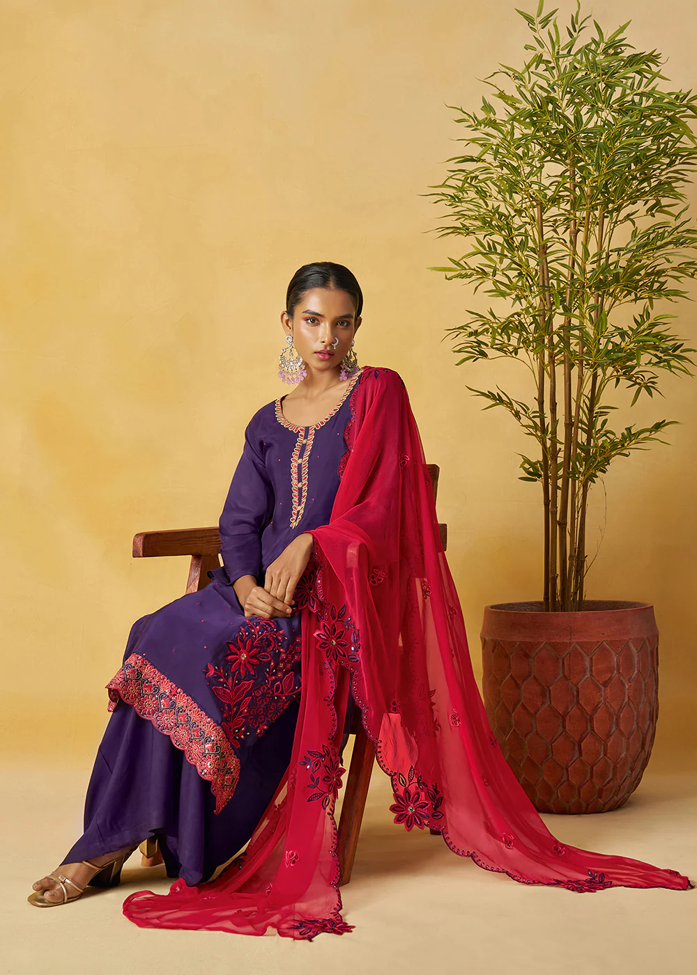 Eggplant Purple Kurta Style Palazzo Style Suit - Image 4