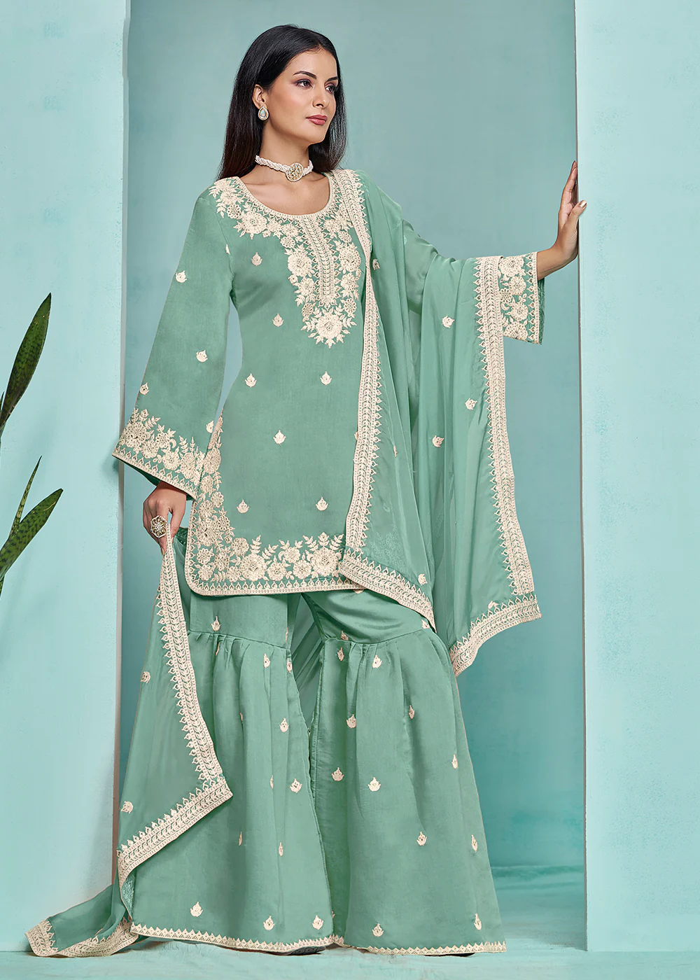 Elegant Aqua Designer Style Silk Gharara Style Suit - Image 3