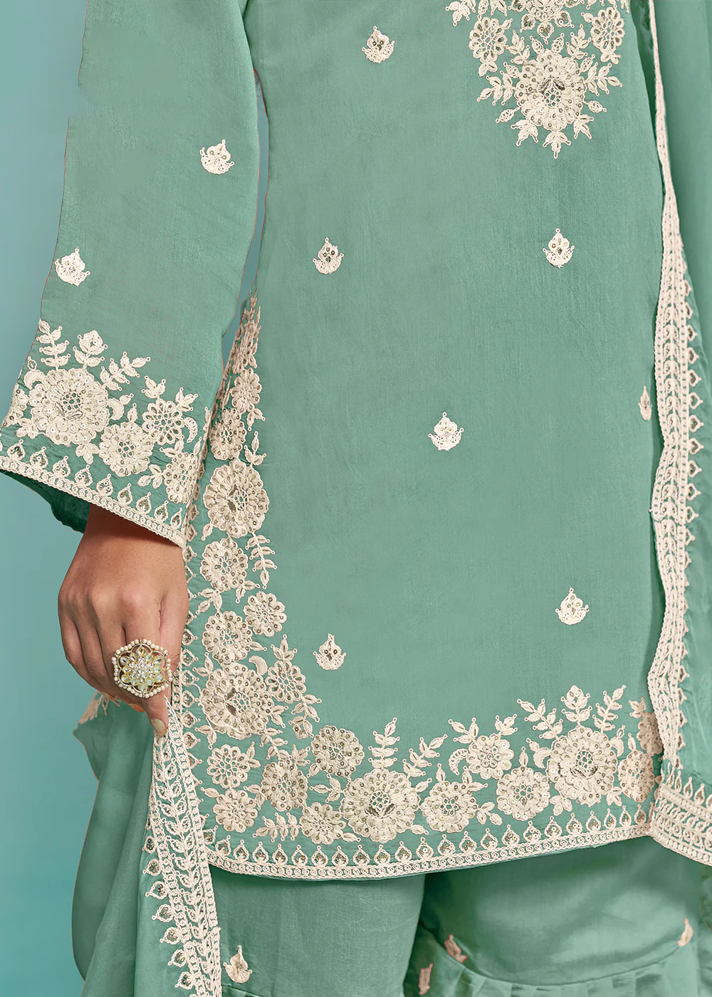 Elegant Aqua Designer Style Silk Gharara Style Suit - Image 4