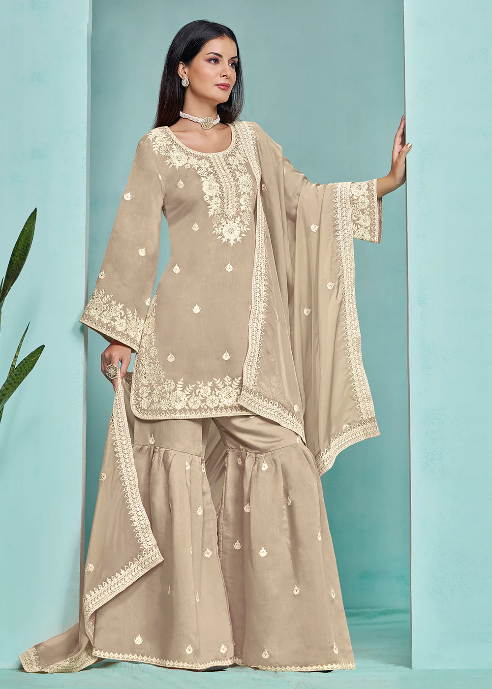 Elegant Beige Designer Style Silk Gharara Style Suit - Image 3