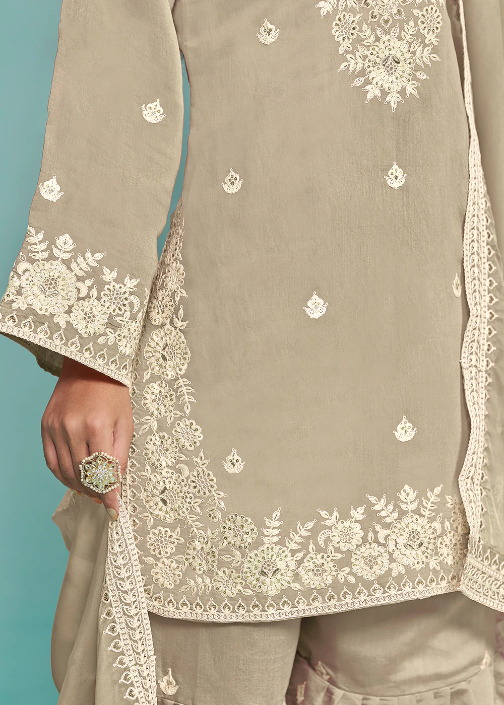 Elegant Beige Designer Style Silk Gharara Style Suit - Image 4